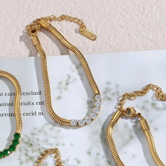 Zircon Snake chain Bracelet‎ 18K Gold Plated Stainless Steel - Picture 1 of 7
